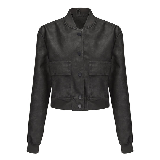 Damen Kunstleder Bomberjacke mit praktischen Taschen und elastischen Bündchen EB