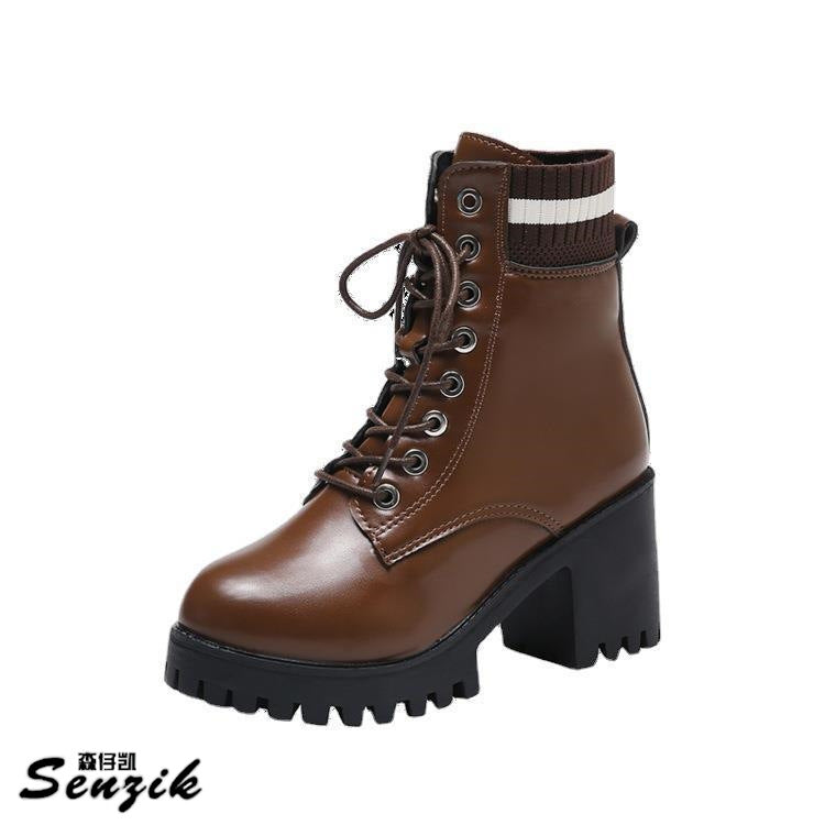 Damen Schnürstiefel mit robustem Blockabsatz und elastischem Strickkragen EB