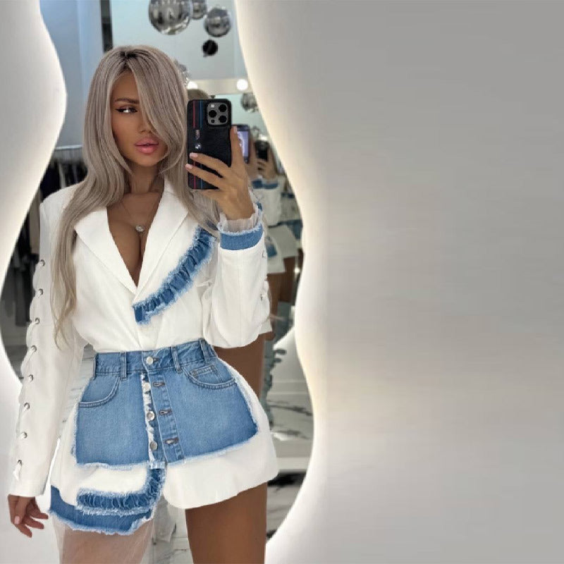 Damen Modischer Blazer-Rock-Kombination mit auffälligem Denim-Design EB
