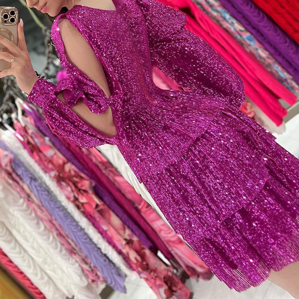 Damen festliches Mini-Kleid mit funkelnden Pailletten und voluminösen Ärmeln EB