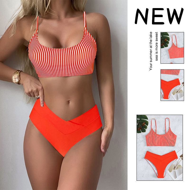 Damen Sport Bikini mit hohem Taillenschnitt und modischem Streifenmuster EB