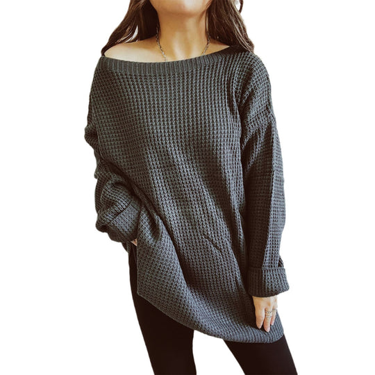 Damen lässiger Strickpullover mit weitem Schnitt und offenem Rückendesign EB