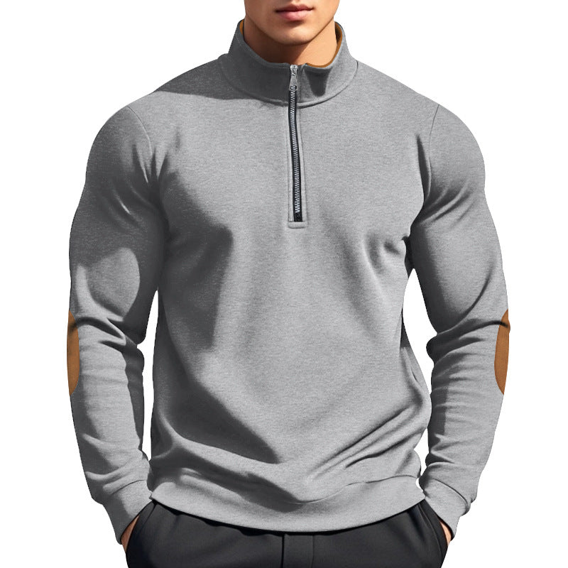 Herren nan halbhoher Zip-Pullover mit Stehkragen, Ellbogen-Patches und modernem Regular Fit EB