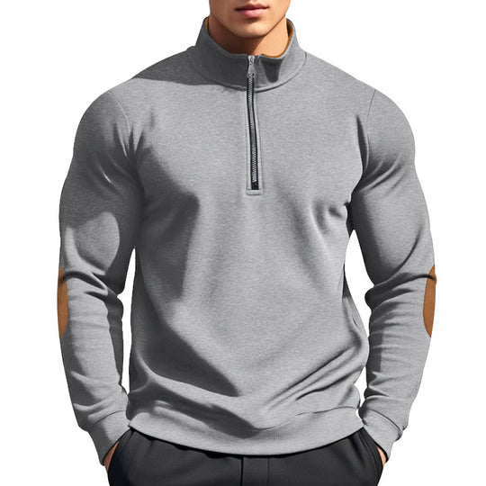 Herren nan halbhoher Zip-Pullover mit Stehkragen, Ellbogen-Patches und modernem Regular Fit EB