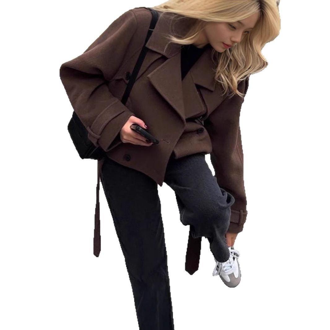 Damen modische cropped Jacke mit Doppelknopfverschluss und breitem Kragen EB