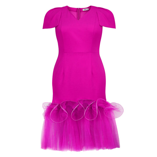 Damen Kleid mit voluminösen Ärmeln und durchscheinendem Tüllsaum EB