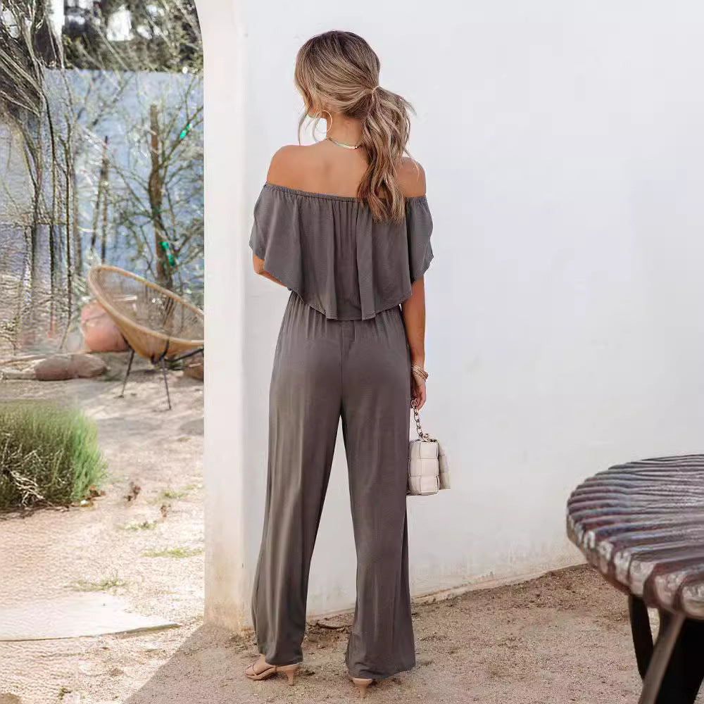 Damen Off-Shoulder Jumpsuit mit weitem Bein und elastischem Bund EB