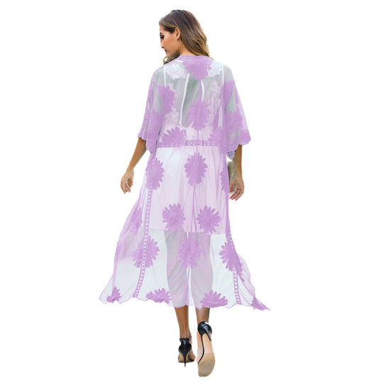 Damen elegante Häkel-Strandrobe mit floralen Details und tiefem V-Ausschnitt EB