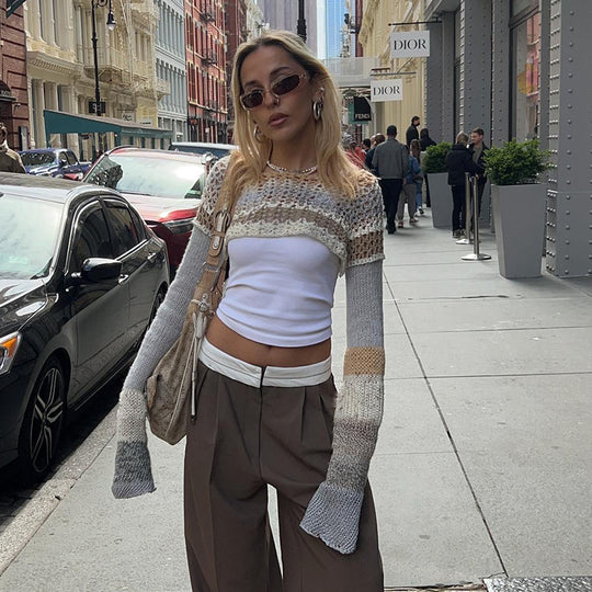 Damen gehäkeltes Crop-Top mit langem Arm und bunten Streifen EB