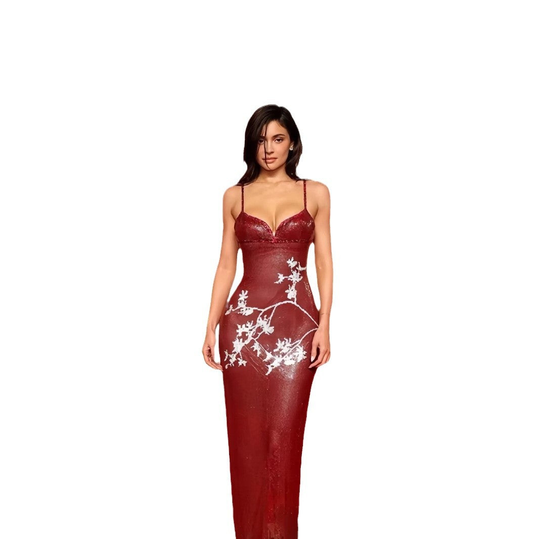 Damen elegantes V-Ausschnitt Abendkleid mit floralem Stickmuster und schmalem Schnitt EB