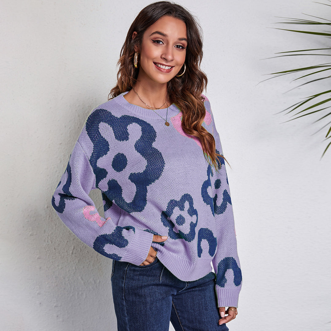 Damen Großer Strickpullover mit verspielt floralem Design EB