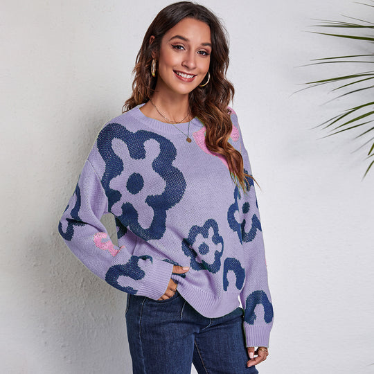 Damen Großer Strickpullover mit verspielt floralem Design EB