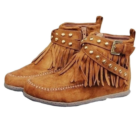 Damen nan fransige Mokassin-Ankleboots mit seitlichem Reißverschluss, dekorativer Schnalle und goldfarbenen Nieten EB
