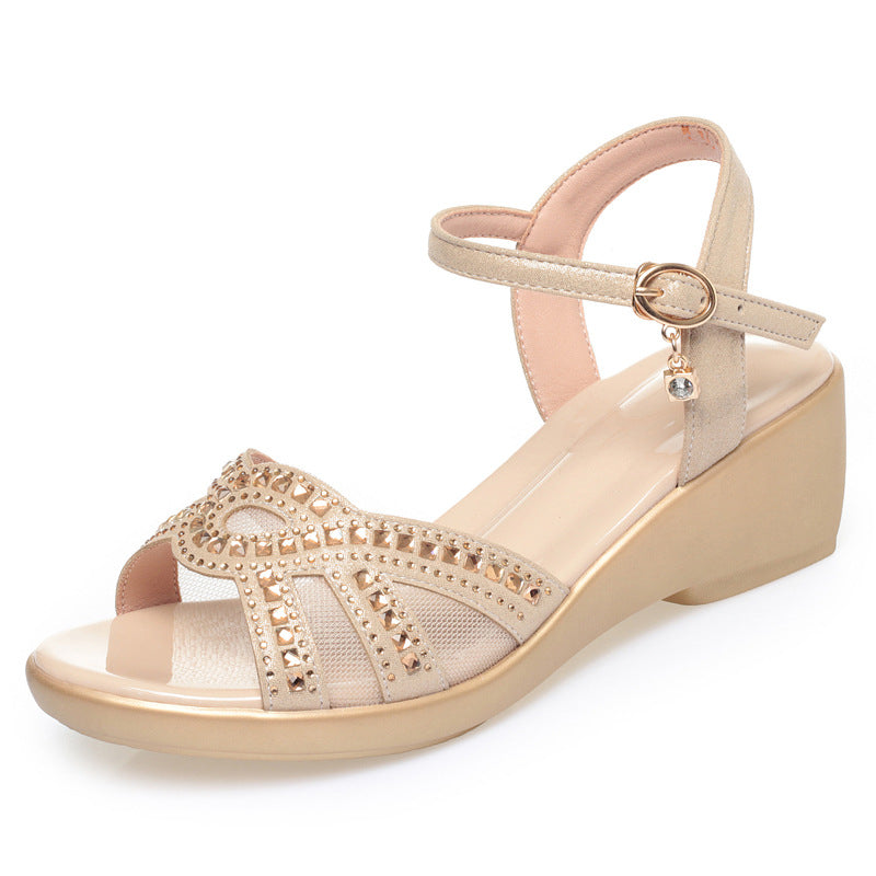 Damen Wedge-Sandaletten mit modischen Strassverzierungen und verstellbarem Riemen EB