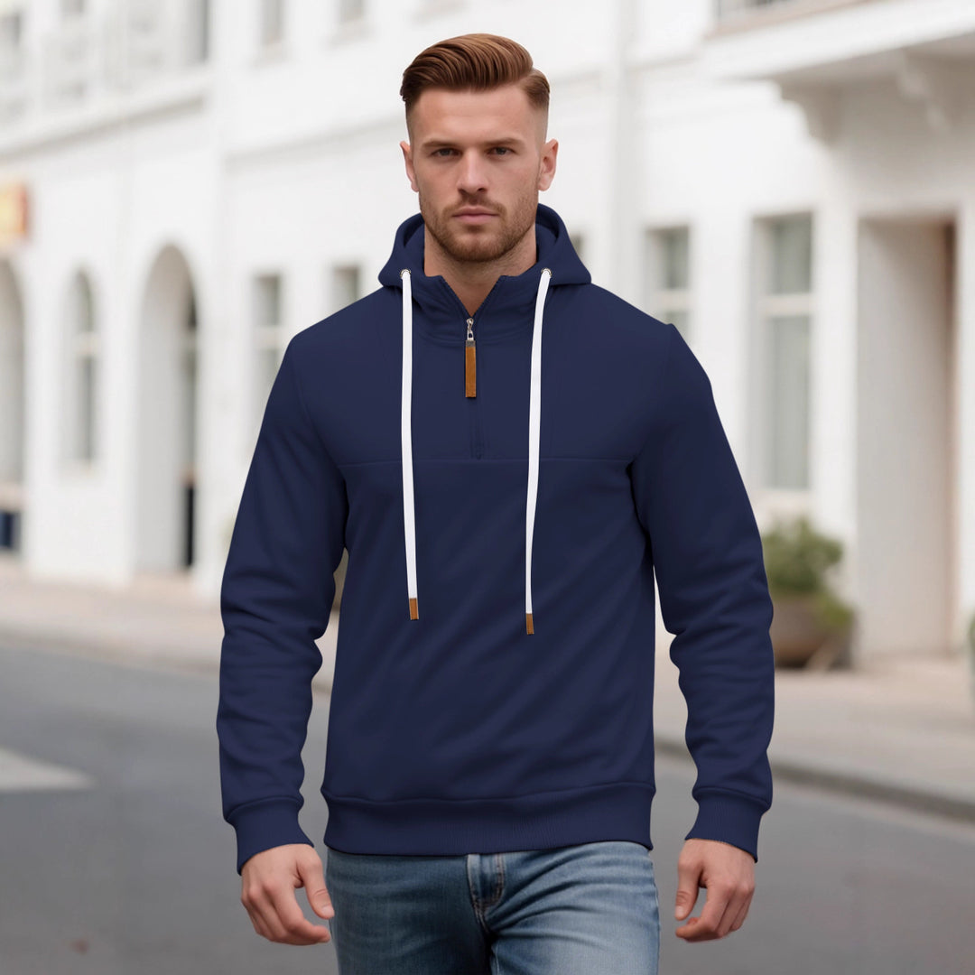 Herren Halbzip-Kapuzenpullover mit Stehkragen, Kordelzug und Lederdetails EB
