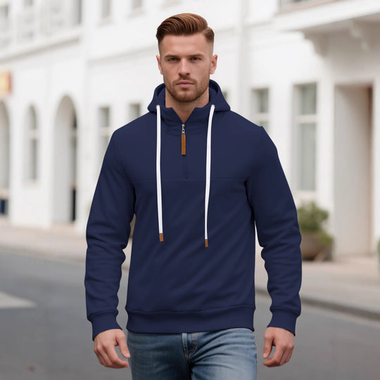Herren Halbzip-Kapuzenpullover mit Stehkragen, Kordelzug und Lederdetails EB