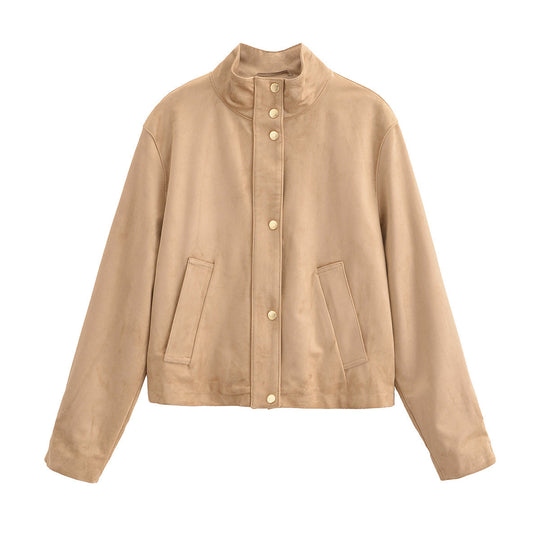 Damen Kunstlederjacke mit Stehkragen und praktischen Eingrifftaschen EB