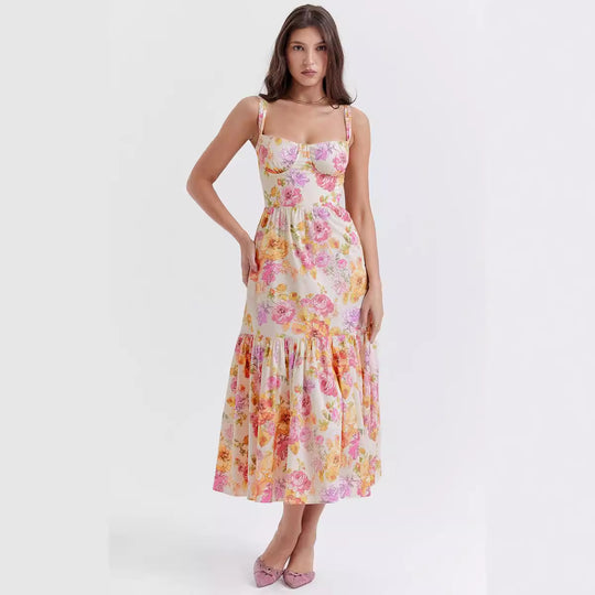 Damen Floral Maxikleid mit schulterfreiem Design und voluminösem Rock EB