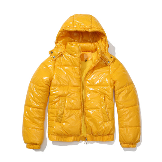 Damen glänzende Steppjacke mit abnehmbarer Kapuze EB