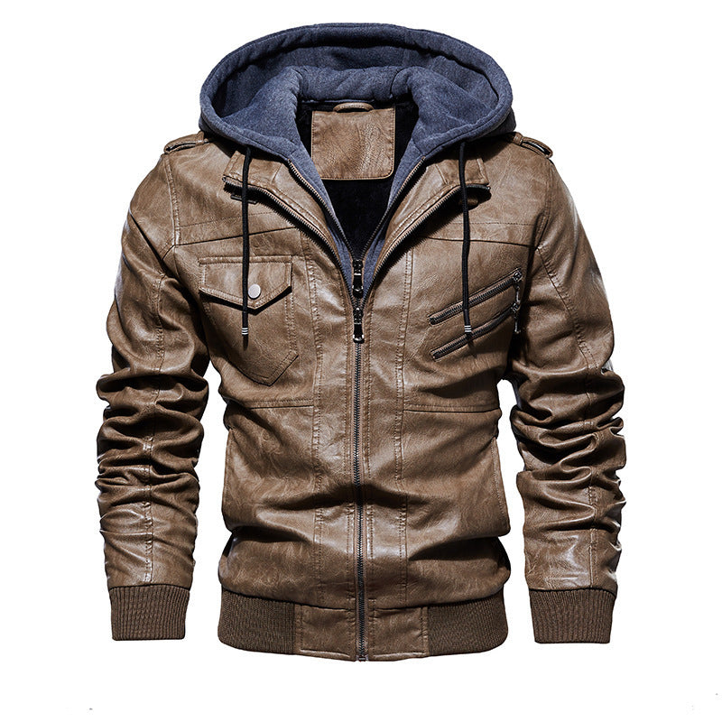 Herren lässige Kunstlederjacke mit abnehmbarer Kapuze und zahlreichen Taschen EB