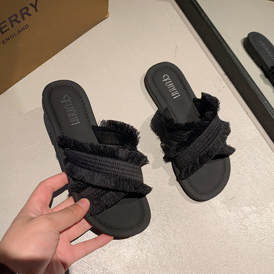 Damen Pantolette mit fransigem Design und softer Innensohle EB