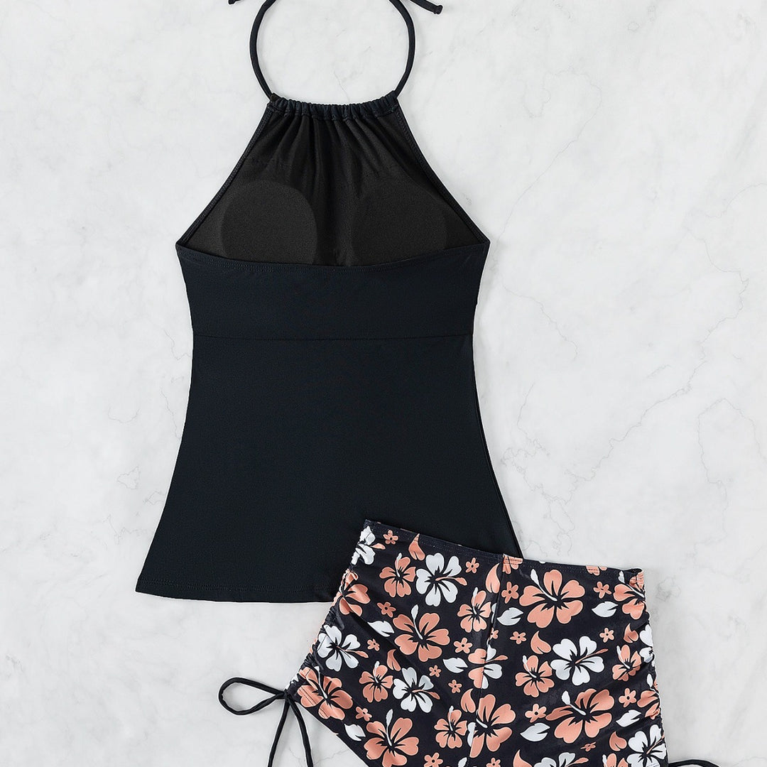 Damen Sport Top mit verstellbarem Nackenträger und floralem Muster Shorts EB