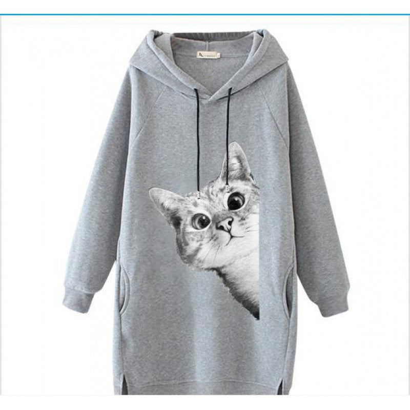 Damen Oversize Kapuzenkleid aus Sweat mit großem Katzenprint und Seitentaschen EB