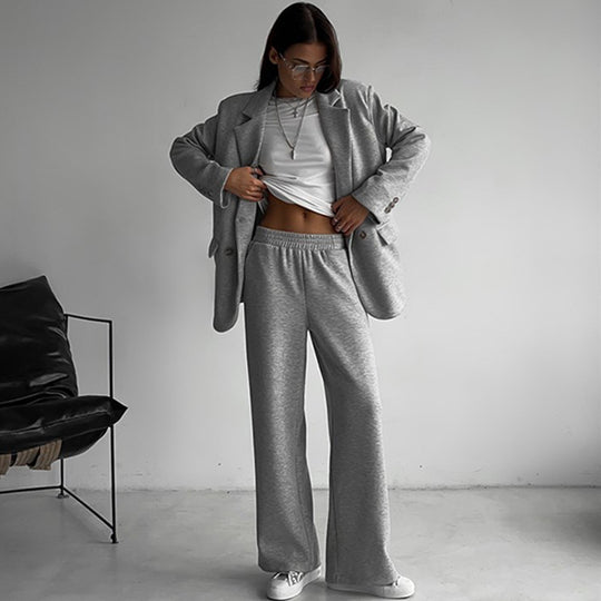 Damen elegantes und lässiges Anzugset mit doppelter Knopfleiste und weitem Bein EB
