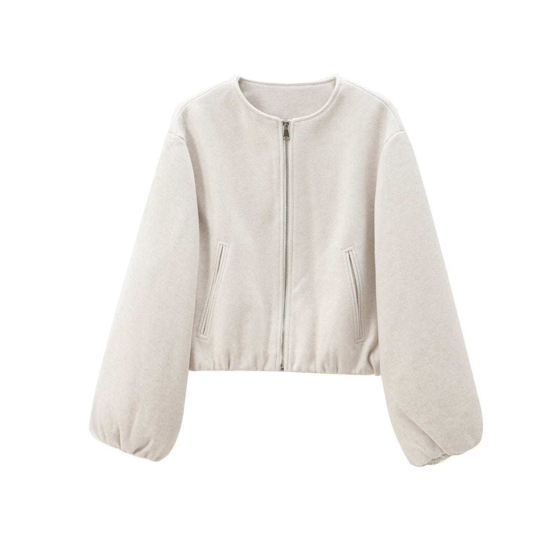 Damen nan kurze Oversize Wollblouson mit Reißverschluss, Ballonärmeln und elastischem Saum EB