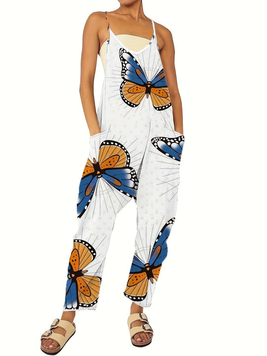 Damen Jumpsuit mit einzigartigem Schmetterlingsdruck und praktischen Taschen EB