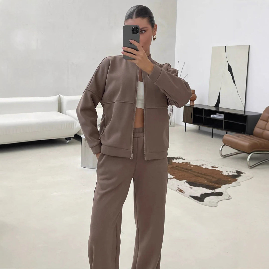 Damen Zweiteiliges Loungewear-Set mit kurzem Bomber-Zip und weiter hochgeschnittener Jogginghose EB