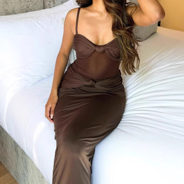 Damen Maxikleid mit tiefem V-Ausschnitt und raffinierten Knoten-Details EB