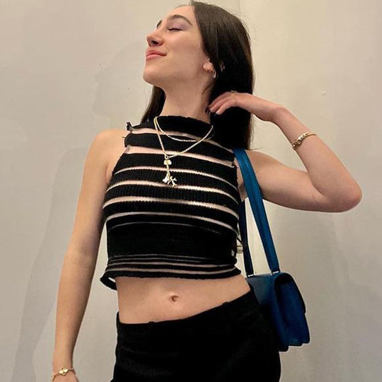 Damen Crop-Top mit transparenter Lochmusterstruktur EB