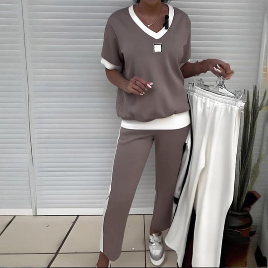 Damen nan zweiteiliges sportlich-elegantes Jersey-Set mit V-Ausschnitt, breiten Bündchen und seitlichem Streifen EB
