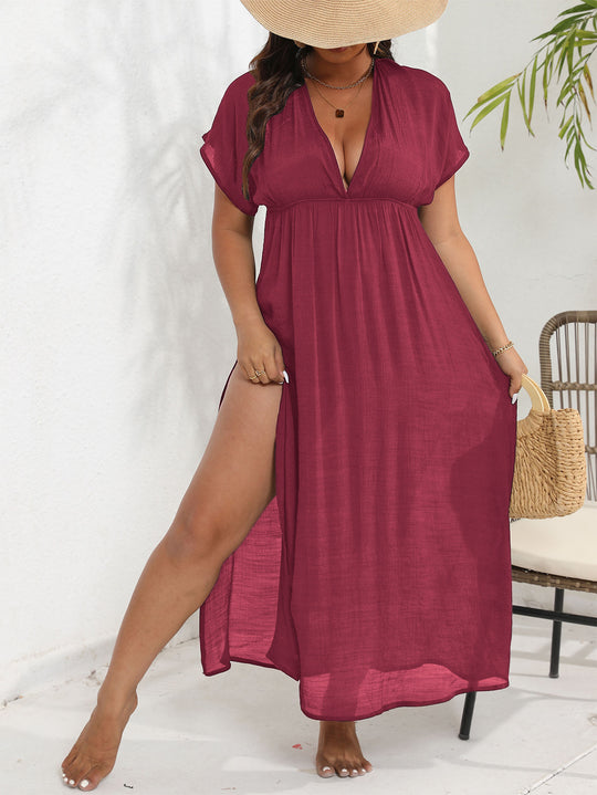 Damen luftiges Maxikleid mit tiefem V-Ausschnitt und seitlichen Schlitzen EB