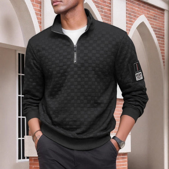 Herren nan strukturierter Stehkragen-Halbzip-Pullover mit Karosteppung, elastischen Bündchen und Ärmel-Patch EB