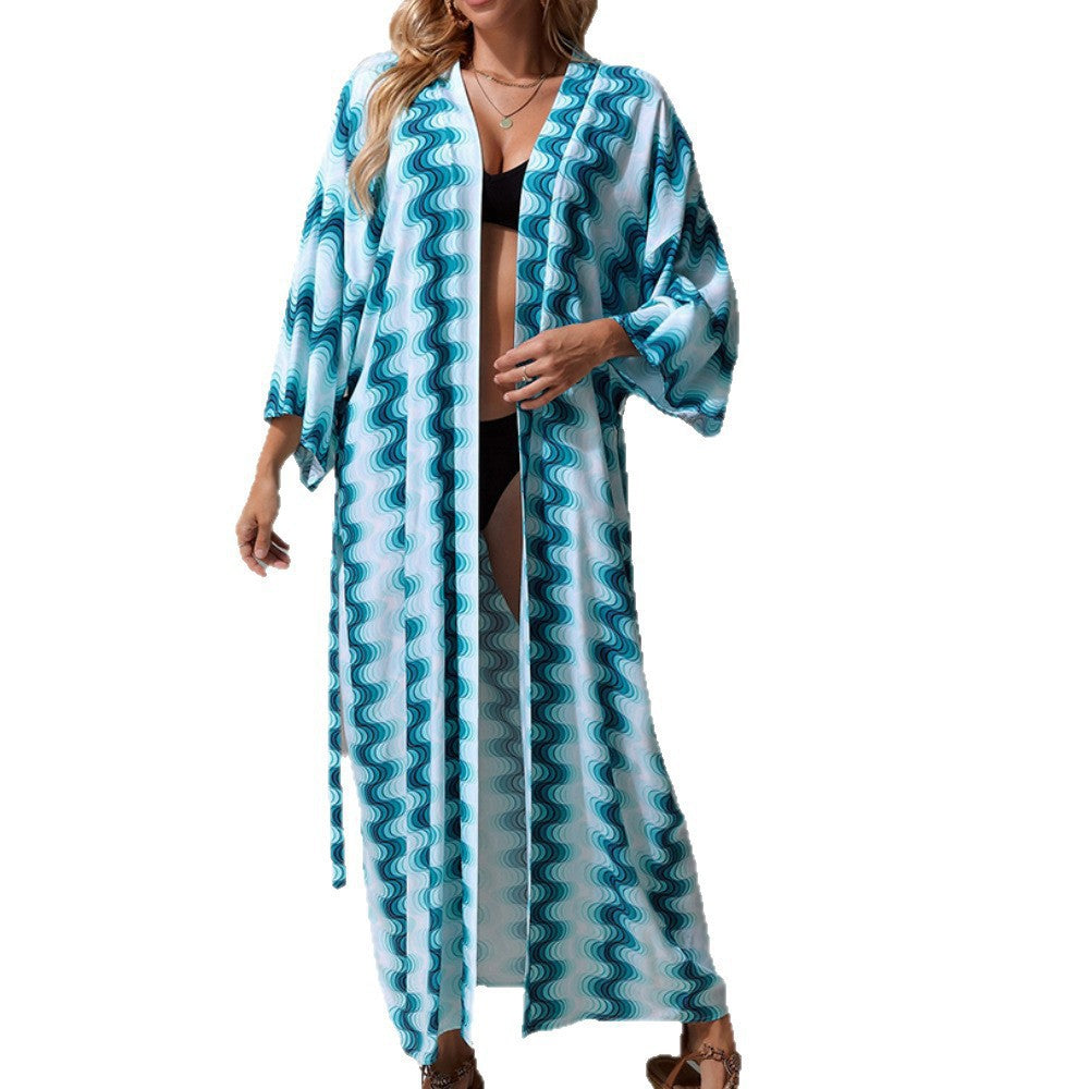 Damen Langer Strandkaftan mit V-Ausschnitt, Taillen-Bindegürtel & hohem Beinschlitz EB