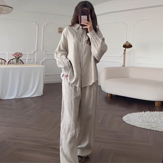 Damen lässiges Leinen-Loungewear-Set mit taillierter Bluse und weiten Hosen EB