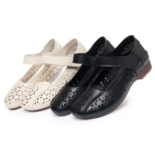 Damen Komfortable Mary Jane Ballerinas mit dekorativen Blumenperforationen und verstellbarem Riemen EB