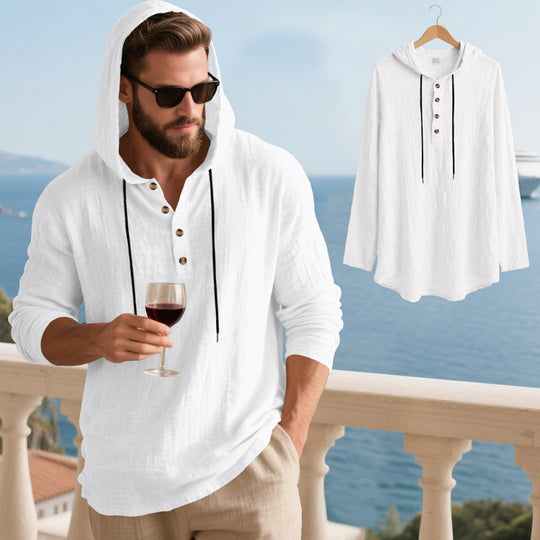 Herren nan lässiges Kapuzen-Henleyshirt in Leinenoptik mit durchgehender Knopfleiste und relaxed Fit EB