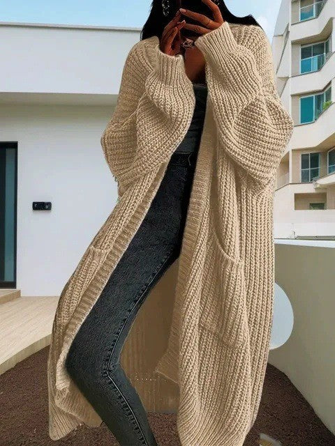 Damen Langer Strickcardigan mit seitlichen Taschen und lässigem Schnitt EB