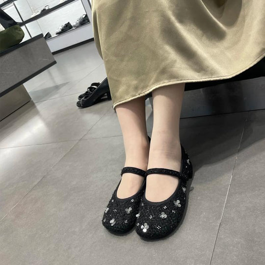 Damen Ballerinas mit floralem Glitzerdesign und verstellbarem Riemen EB