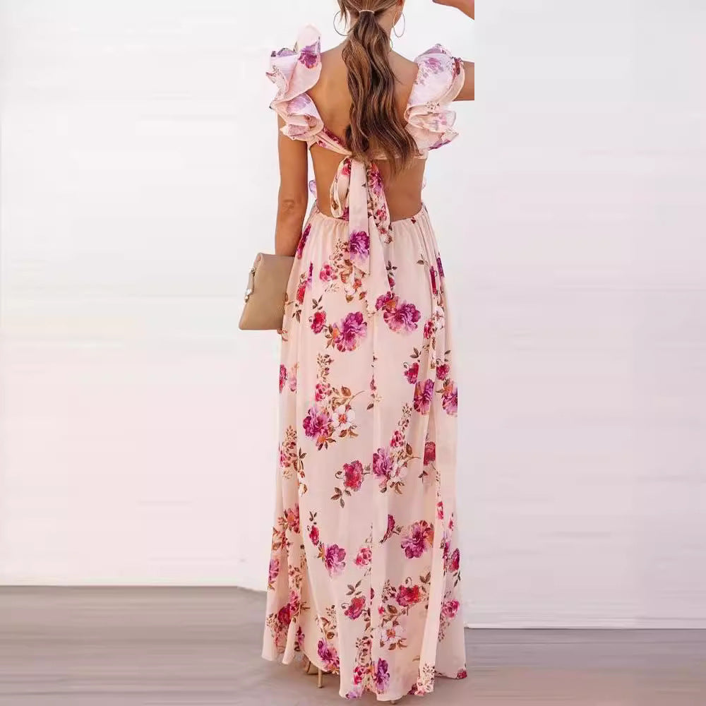 Damen Elegantes Maxikleid mit Rüschendetails und floralem Design EB