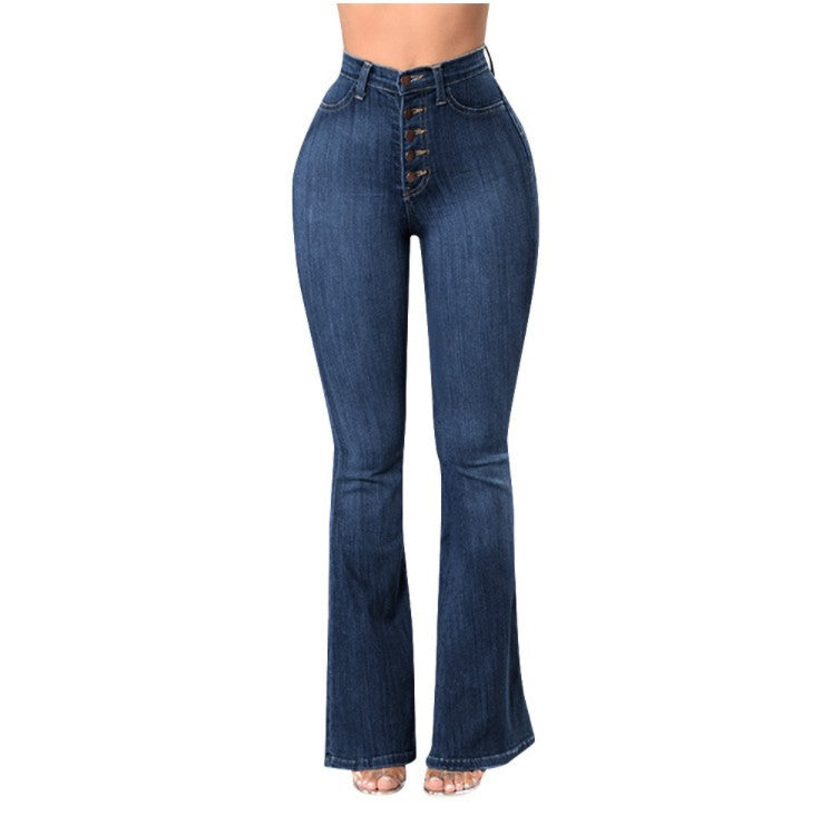 Damen nan hochgeschnittene Bootcut-Jeans mit sichtbarer Knopfleiste, figurformendem Stretch und schlankem Oberschenkel EB