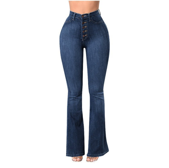 Damen nan hochgeschnittene Bootcut-Jeans mit sichtbarer Knopfleiste, figurformendem Stretch und schlankem Oberschenkel EB
