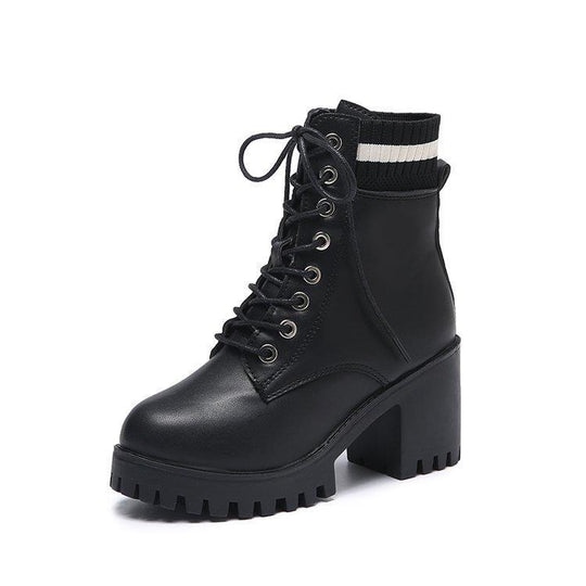 Damen Schnürstiefel mit robustem Blockabsatz und elastischem Strickkragen EB