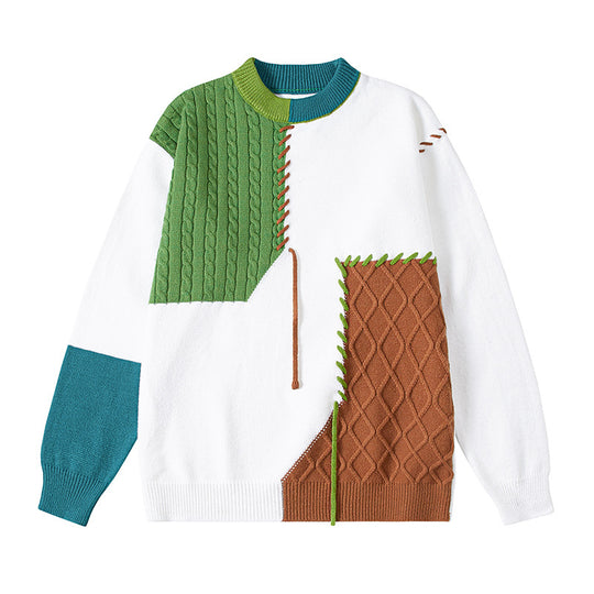 Damen kreativer Pullover mit strukturiertem Patchwork-Design und einzigartigen Details EB