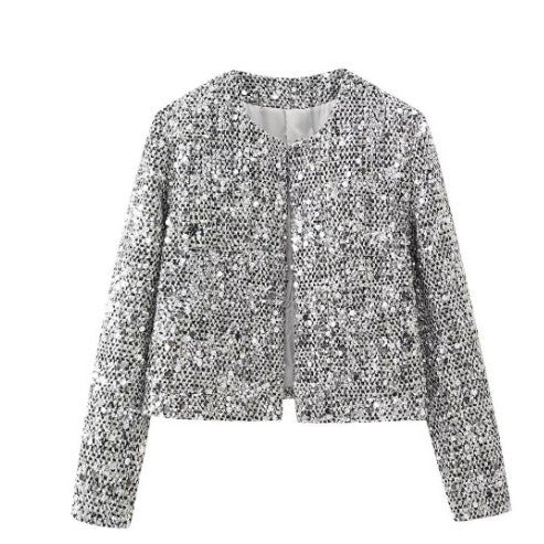 Damen nan gefütterte Bouclé-Kurzjacke mit Paillettenbesatz, Rundhalsausschnitt und offener Front EB