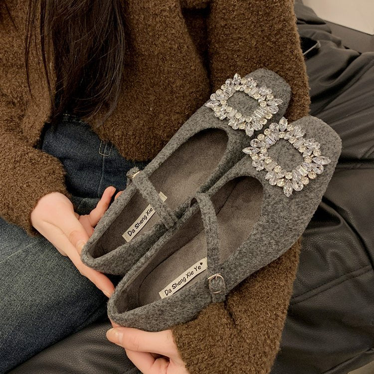 Damen Filz-Ballerinas mit eleganter Schnallenverzierung und funkelndem Kristallschmuck EB