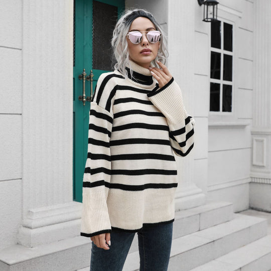 Damen Strickpullover mit hohen Bündchen und lässigem Streifenmuster EB
